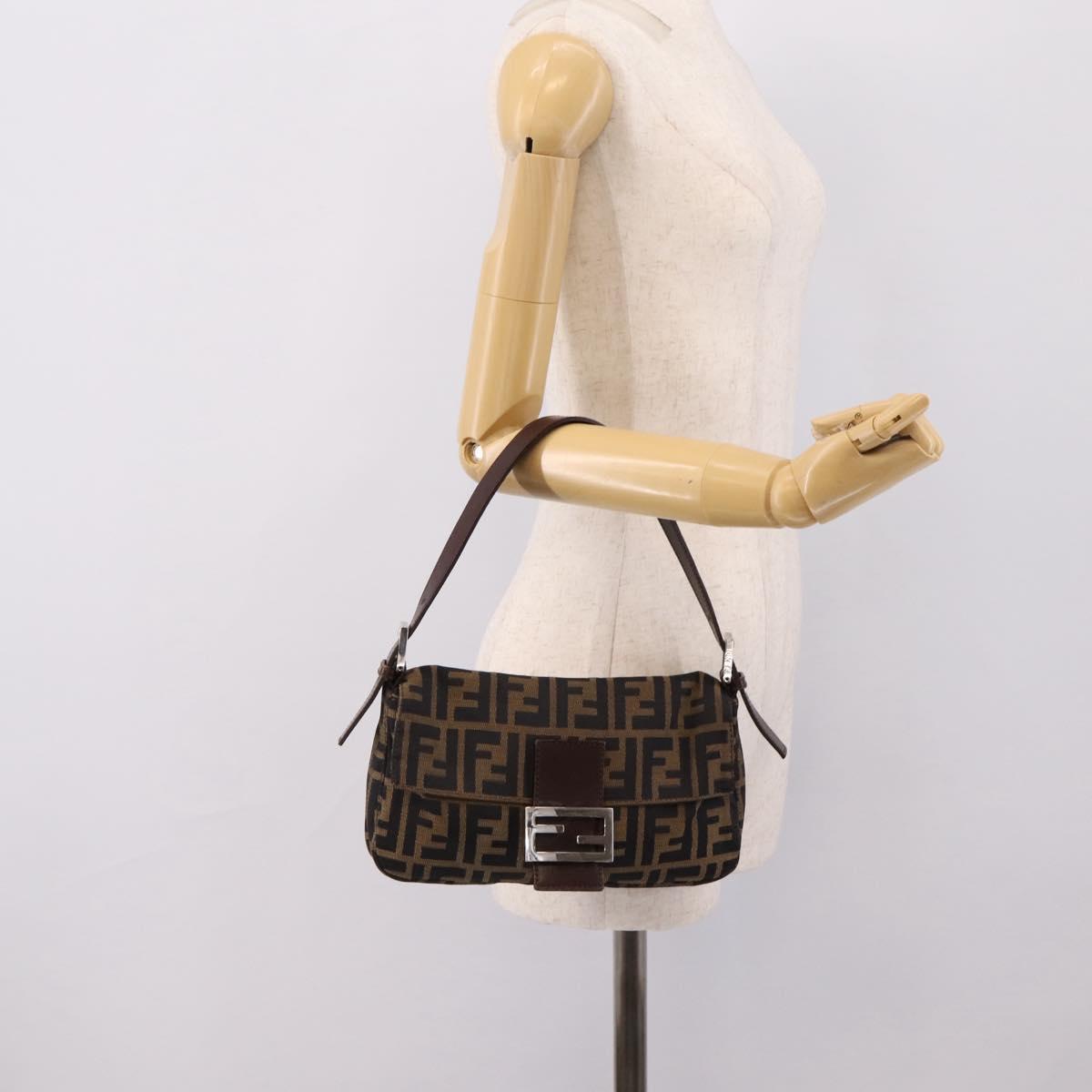 FENDI Zucca Canvas Mamma Baguette Shoulder Bag Black Brown Auth 204395V