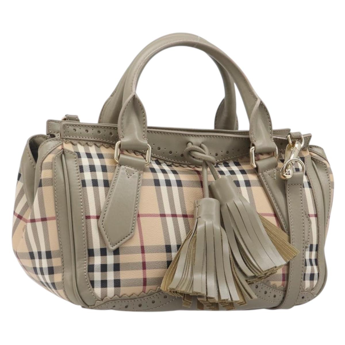 BURBERRY Nova Check Hand Bag PVC 2way Beige Gold Auth 204398V