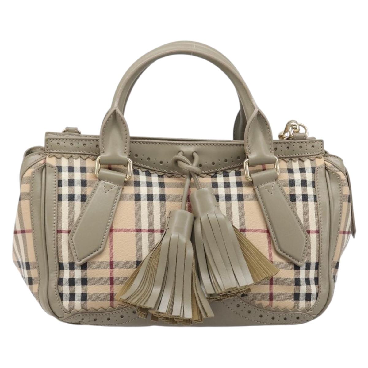 BURBERRY Nova Check Hand Bag PVC 2way Beige Gold Auth 204398V