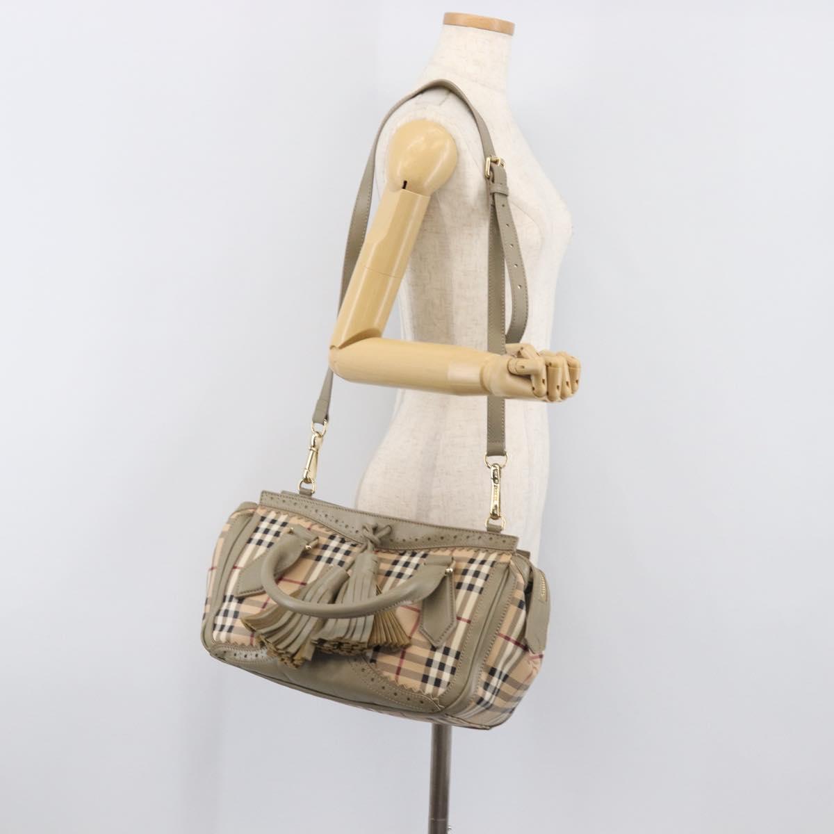 BURBERRY Nova Check Hand Bag PVC 2way Beige Gold Auth 204398V