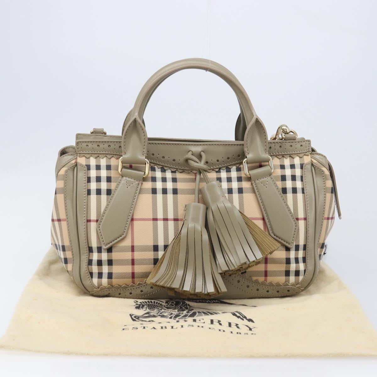 BURBERRY Nova Check Hand Bag PVC 2way Beige Gold Auth 204398V