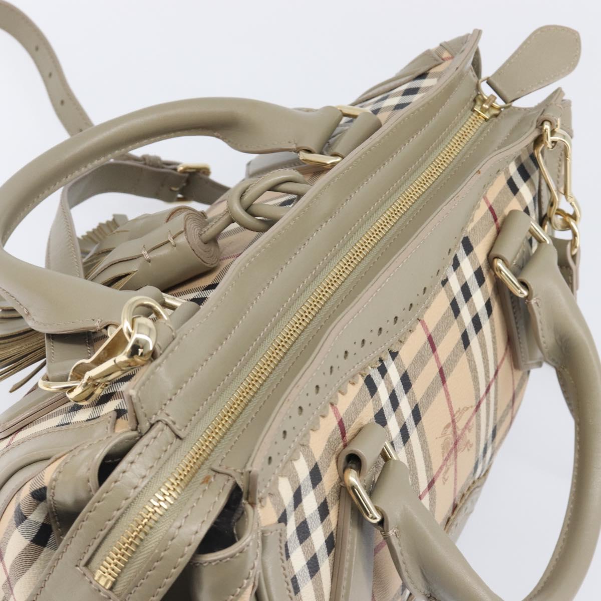 BURBERRY Nova Check Hand Bag PVC 2way Beige Gold Auth 204398V