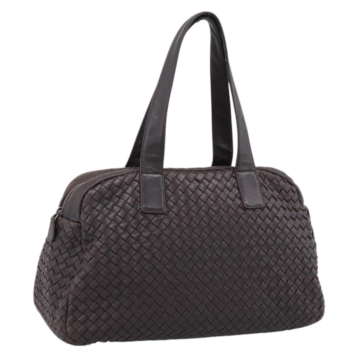 BOTTEGA VENETA INTRECCIATO Hand Bag Leather Dark Brown Silver Auth 204404