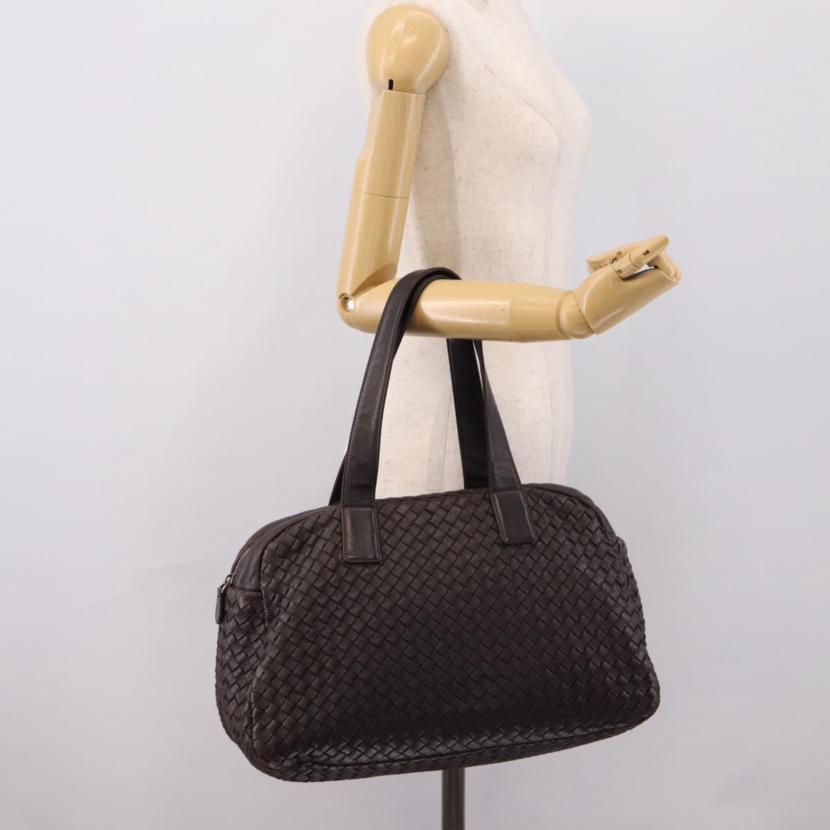 BOTTEGA VENETA INTRECCIATO Hand Bag Leather Dark Brown Silver Auth 204404