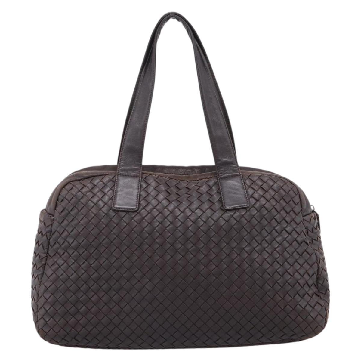 BOTTEGA VENETA INTRECCIATO Hand Bag Leather Dark Brown Silver Auth 204404