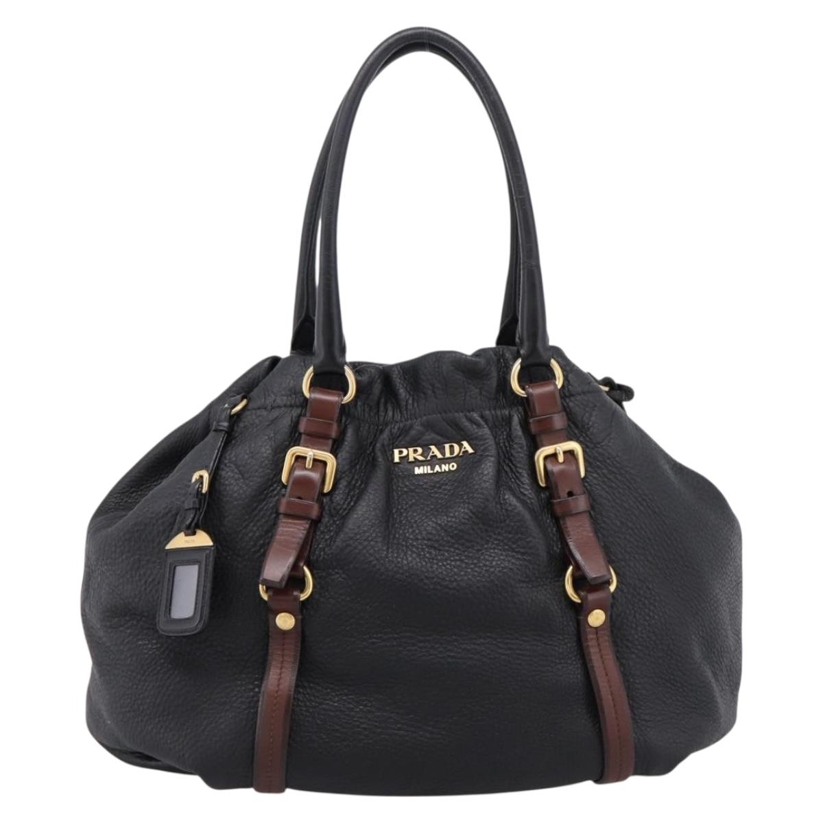 PRADA Tote Bag Vittero Dino Leather Black Gold Auth 204406