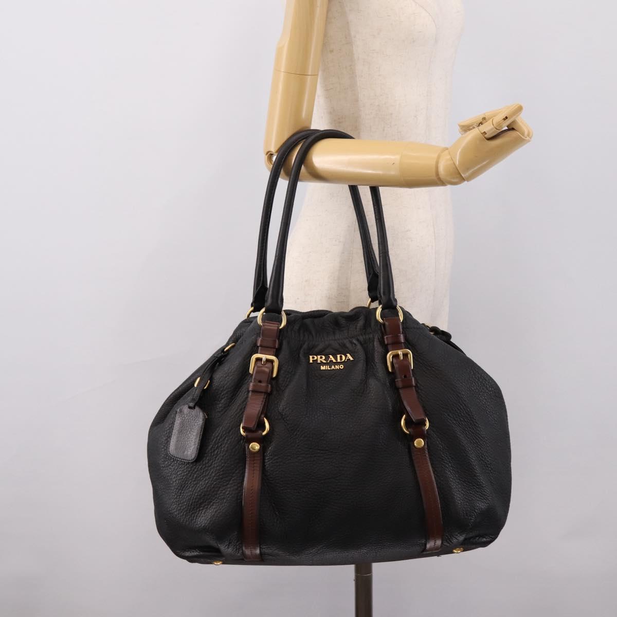 PRADA Tote Bag Vittero Dino Leather Black Gold Auth 204406
