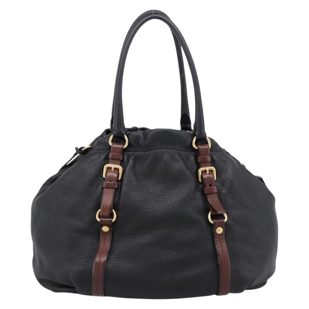 PRADA Tote Bag Vittero Dino Leather Black Gold Auth 204406