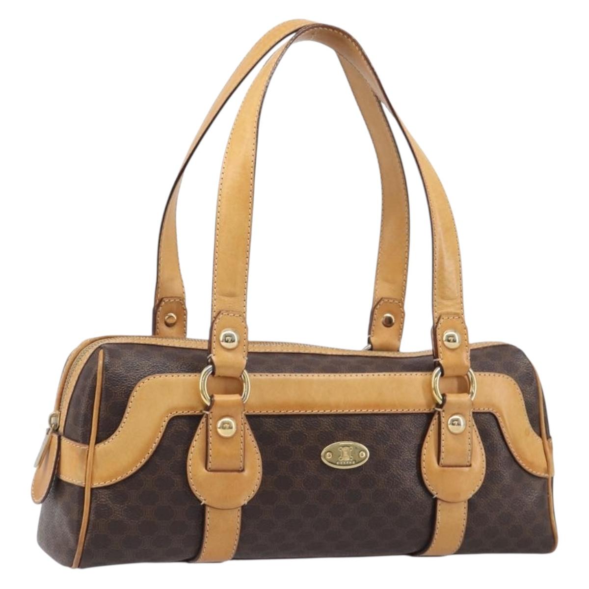 CELINE Macadam Canvas Tote Bag PVC Leather Brown Gold Auth 204407A