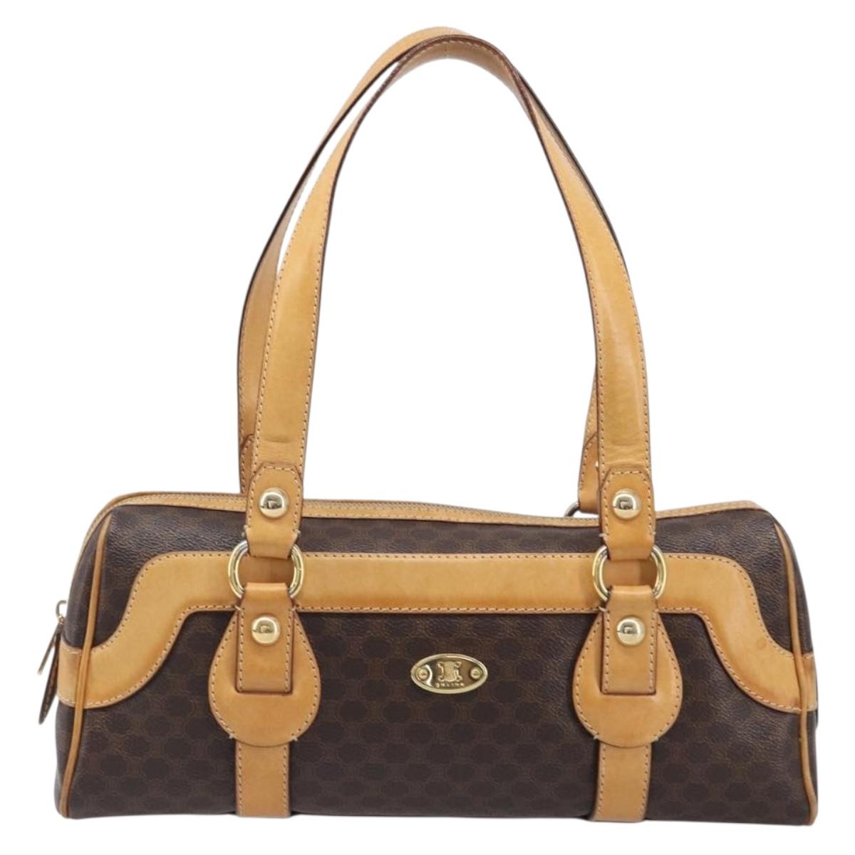 CELINE Macadam Canvas Tote Bag PVC Leather Brown Gold Auth 204407A