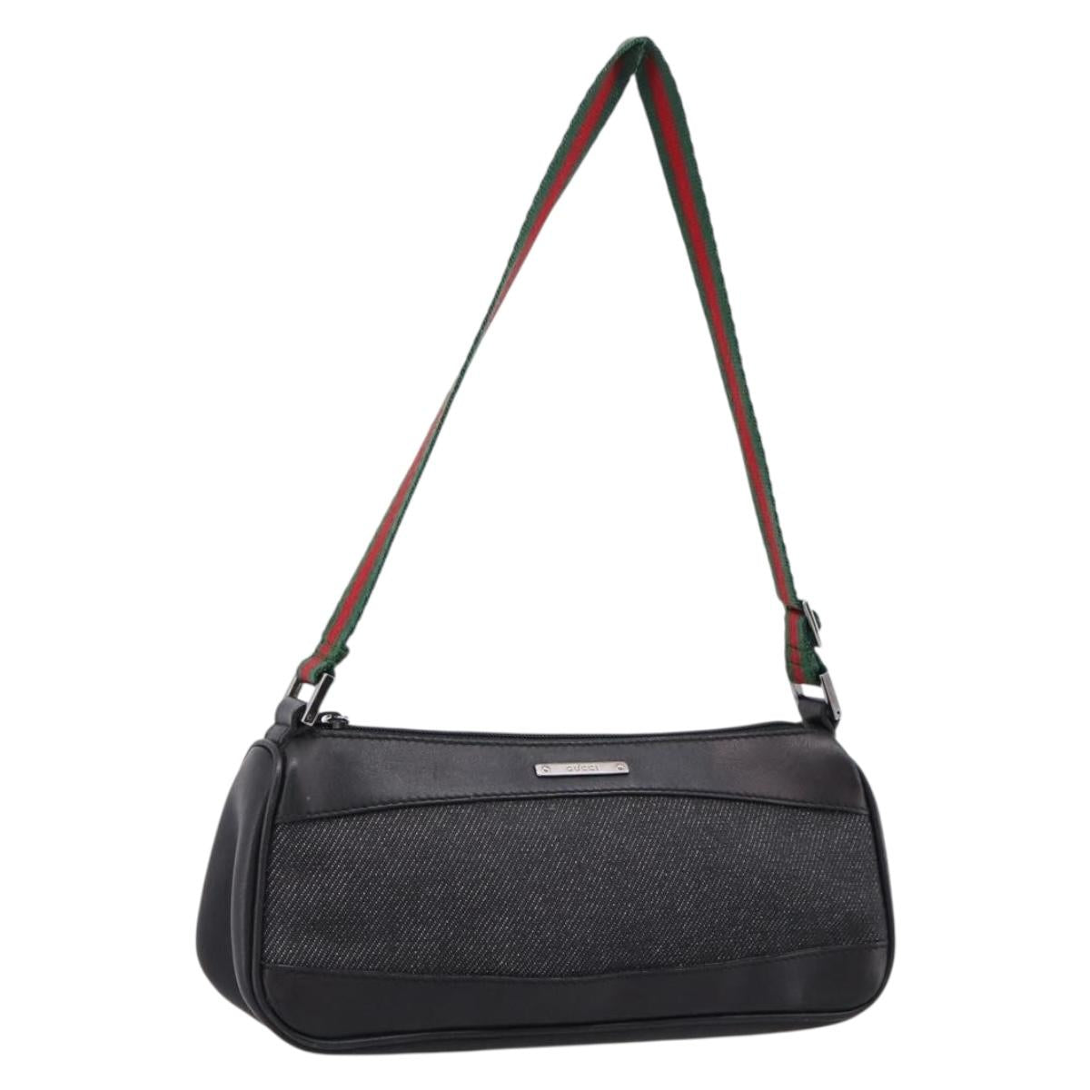 GUCCI Web Sherry Line Accessory Pouch Canvas Black Silver 92820 Auth 204414