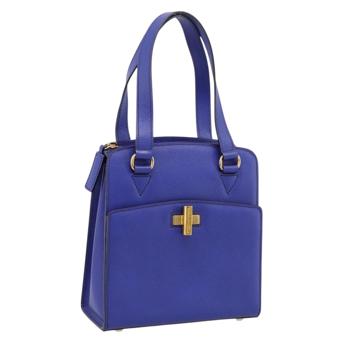 CELINE Hand Bag Leather Blue Gold Auth 204415A