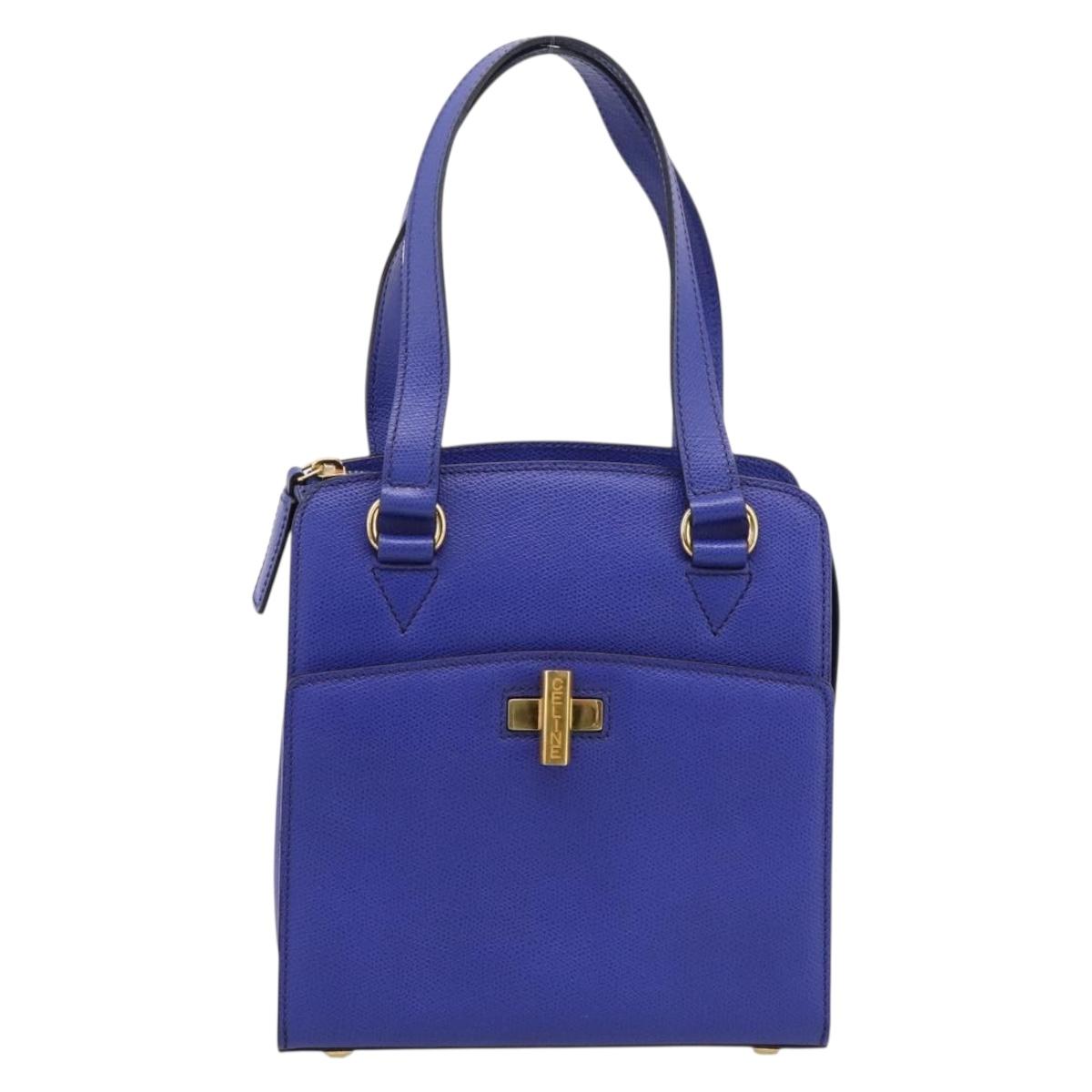 CELINE Hand Bag Leather Blue Gold Auth 204415A