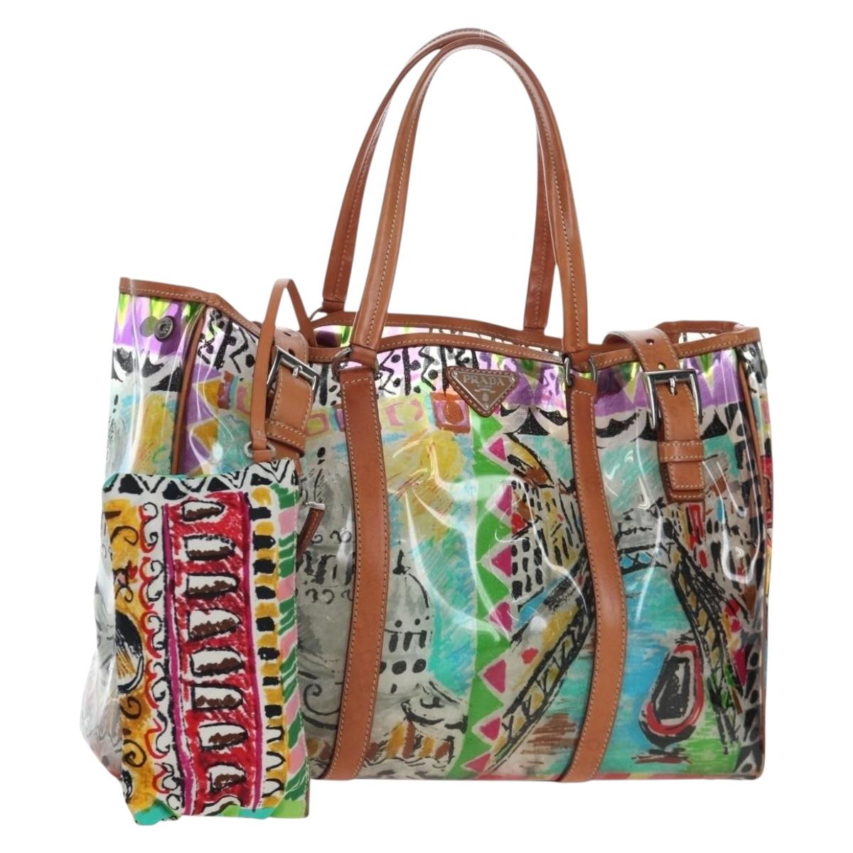 PRADA Tote Bag Vinyl Multicolor Silver Auth 204422A