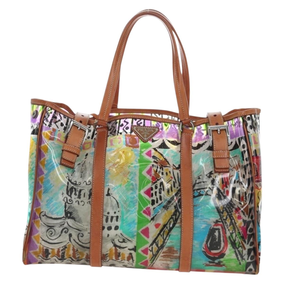 PRADA Tote Bag Vinyl Multicolor Silver Auth 204422A