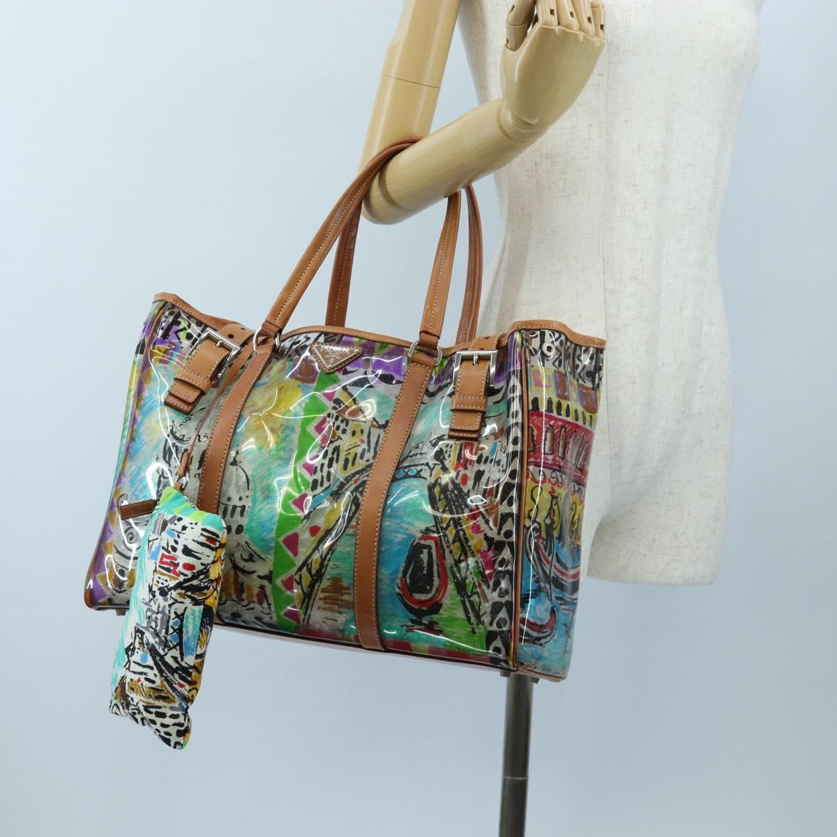 PRADA Tote Bag Vinyl Multicolor Silver Auth 204422A