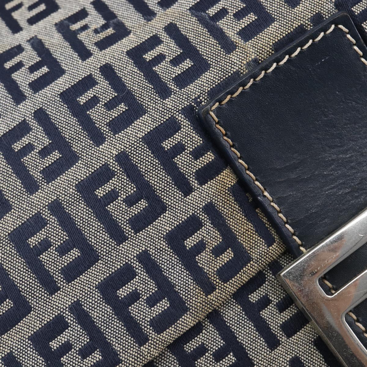 FENDI Zucchino Canvas Mamma Baguette Shoulder Bag Navy Silver Auth 204423