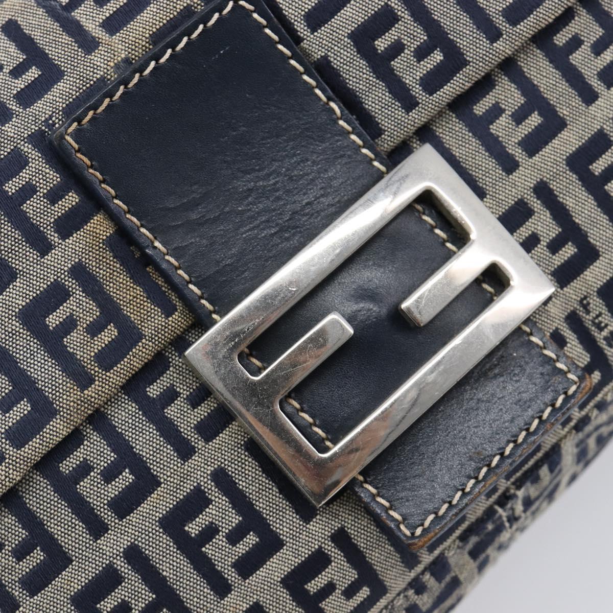 FENDI Zucchino Canvas Mamma Baguette Shoulder Bag Navy Silver Auth 204423
