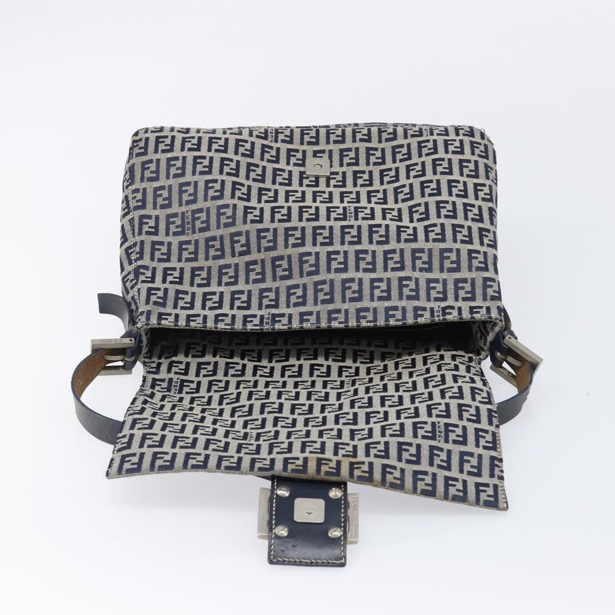 FENDI Zucchino Canvas Mamma Baguette Shoulder Bag Navy Silver Auth 204423