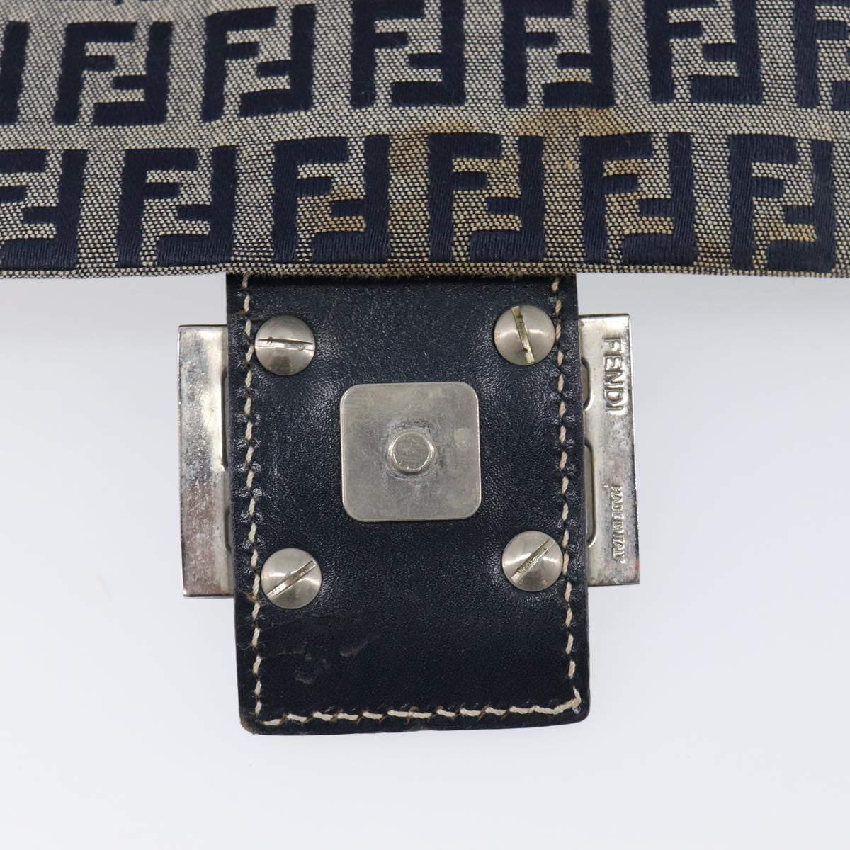 FENDI Zucchino Canvas Mamma Baguette Shoulder Bag Navy Silver Auth 204423