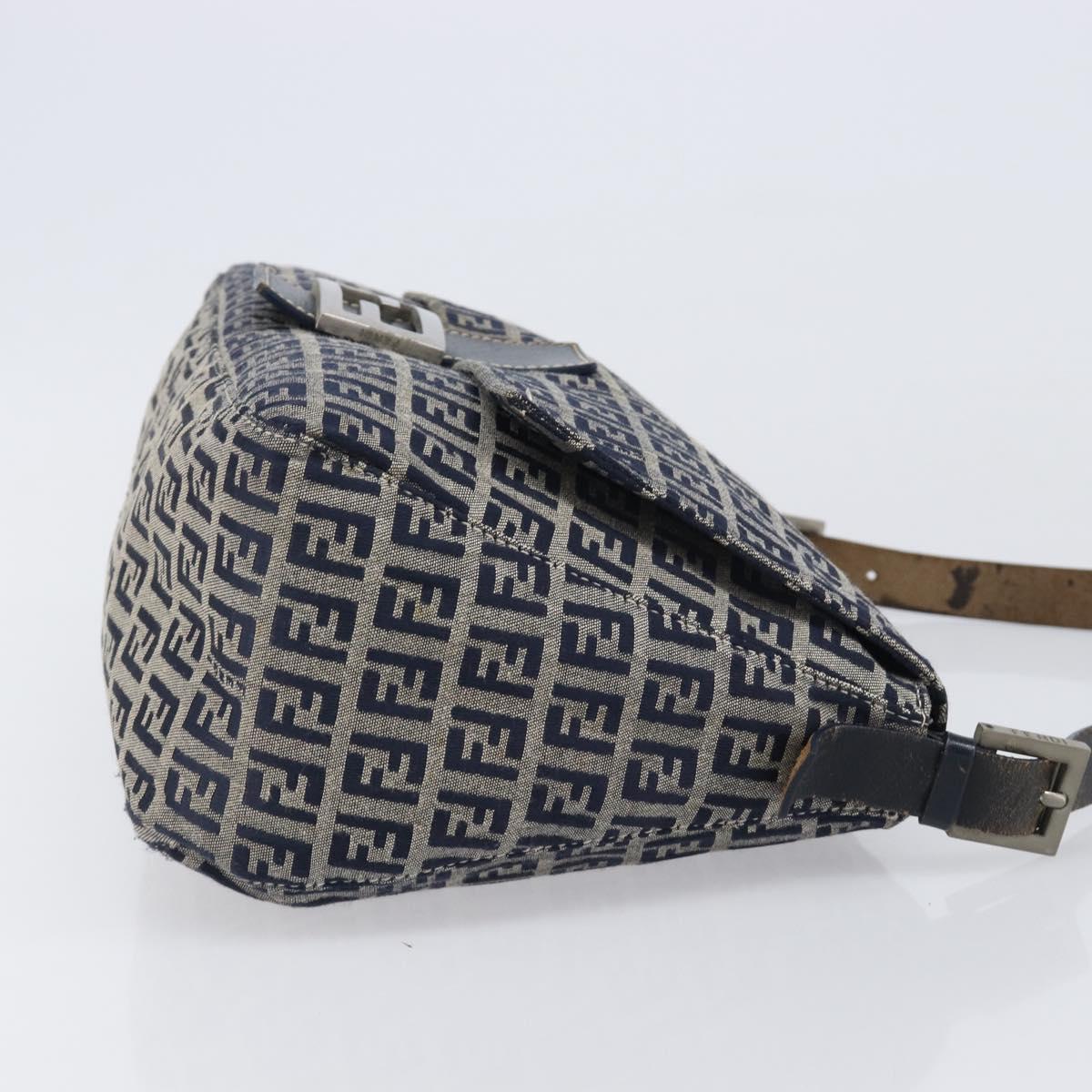 FENDI Zucchino Canvas Mamma Baguette Shoulder Bag Navy Silver Auth 204423