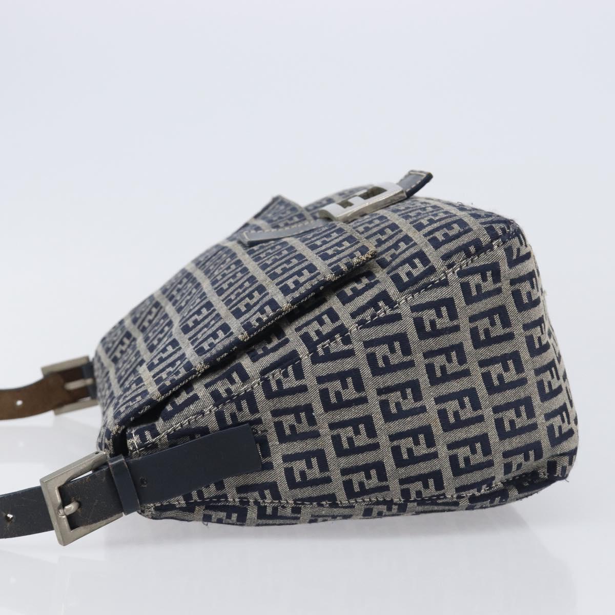 FENDI Zucchino Canvas Mamma Baguette Shoulder Bag Navy Silver Auth 204423