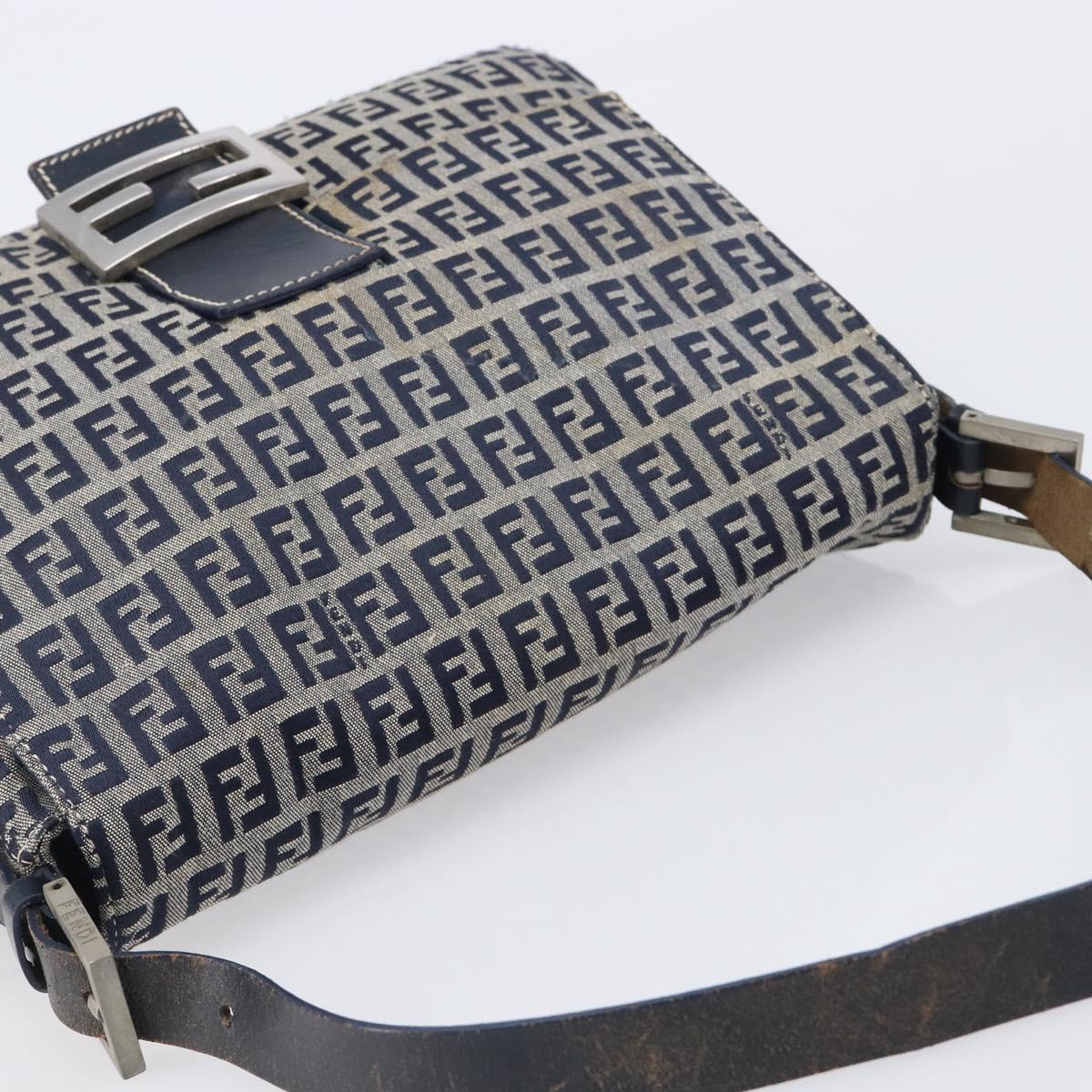 FENDI Zucchino Canvas Mamma Baguette Shoulder Bag Navy Silver Auth 204423