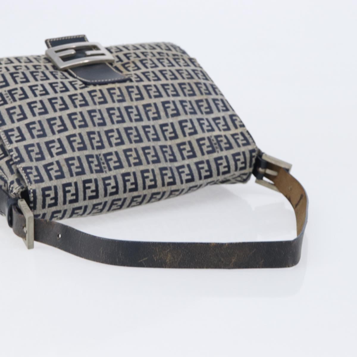FENDI Zucchino Canvas Mamma Baguette Shoulder Bag Navy Silver Auth 204423