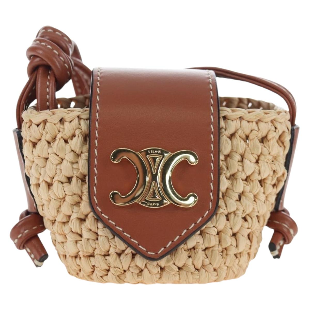 CELINE Mini Shoulder Pouch Raffia 2way Beige Gold Auth 204431M