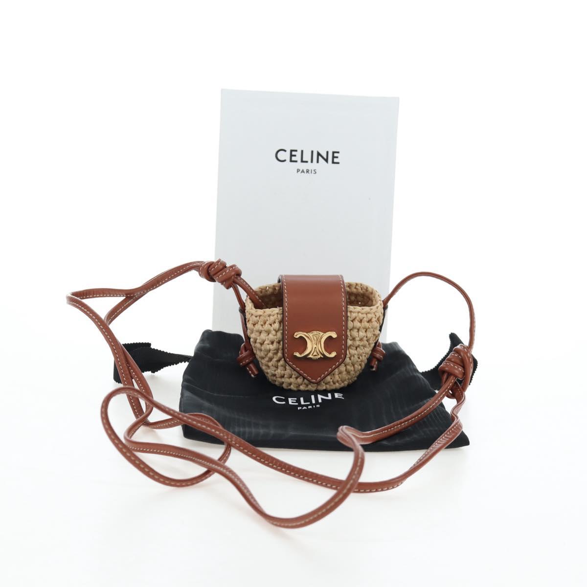 CELINE Mini Shoulder Pouch Raffia 2way Beige Gold Auth 204431M