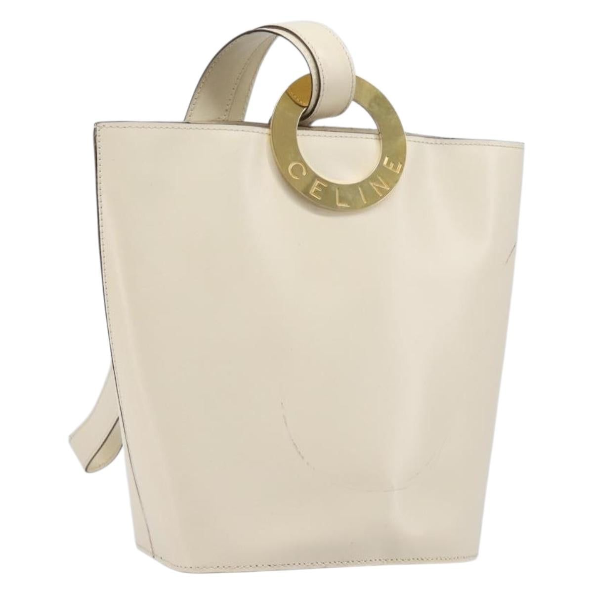 CELINE Circle Shoulder Bag Leather White Gold Auth 204441