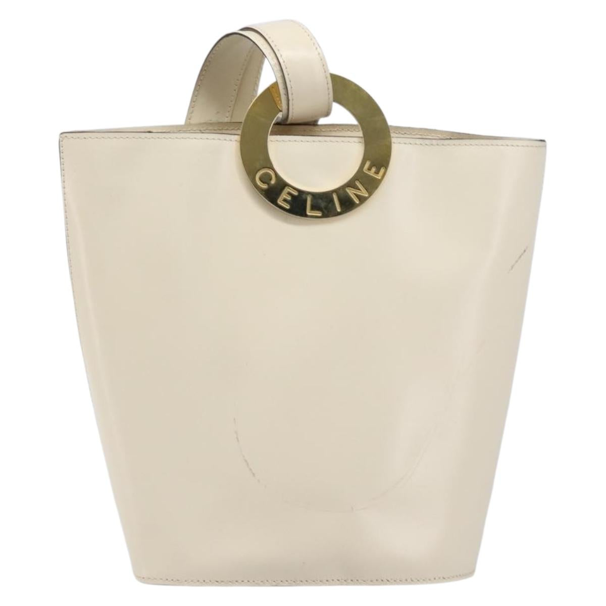 CELINE Circle Shoulder Bag Leather White Gold Auth 204441