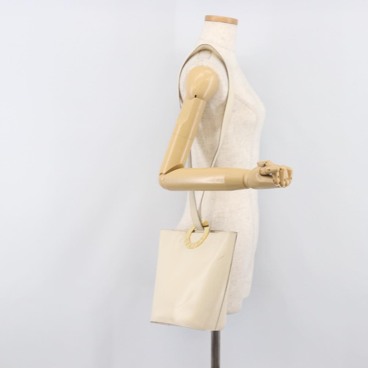 CELINE Circle Shoulder Bag Leather White Gold Auth 204441