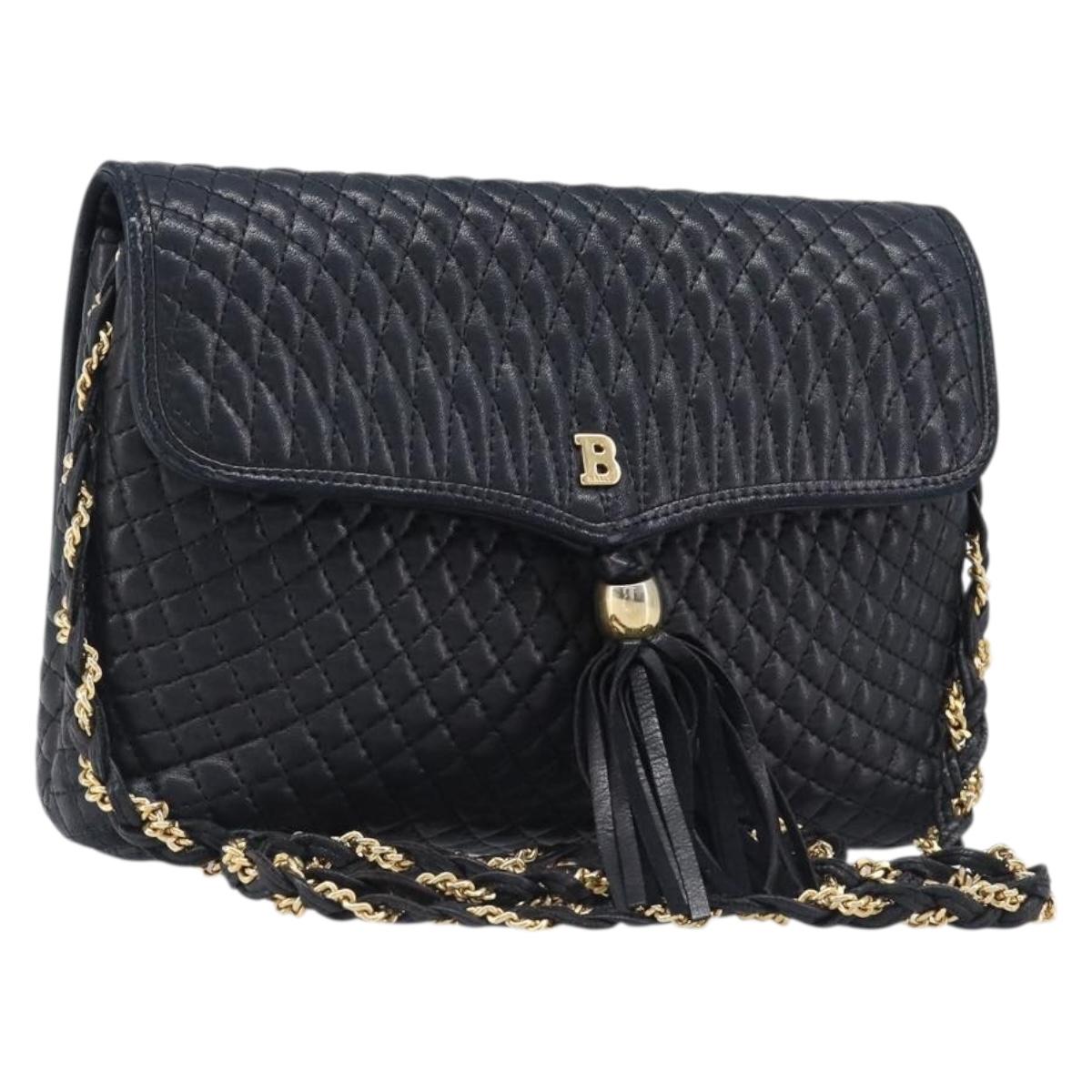 BALLY Chain Shoulder Bag Leather Black Gold Auth 204454