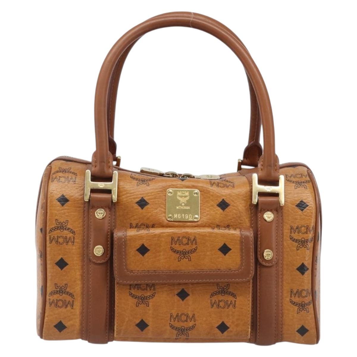 MCM Logogram Vicetos Boston Bag PVC Leather Brown Gold Auth 204458A