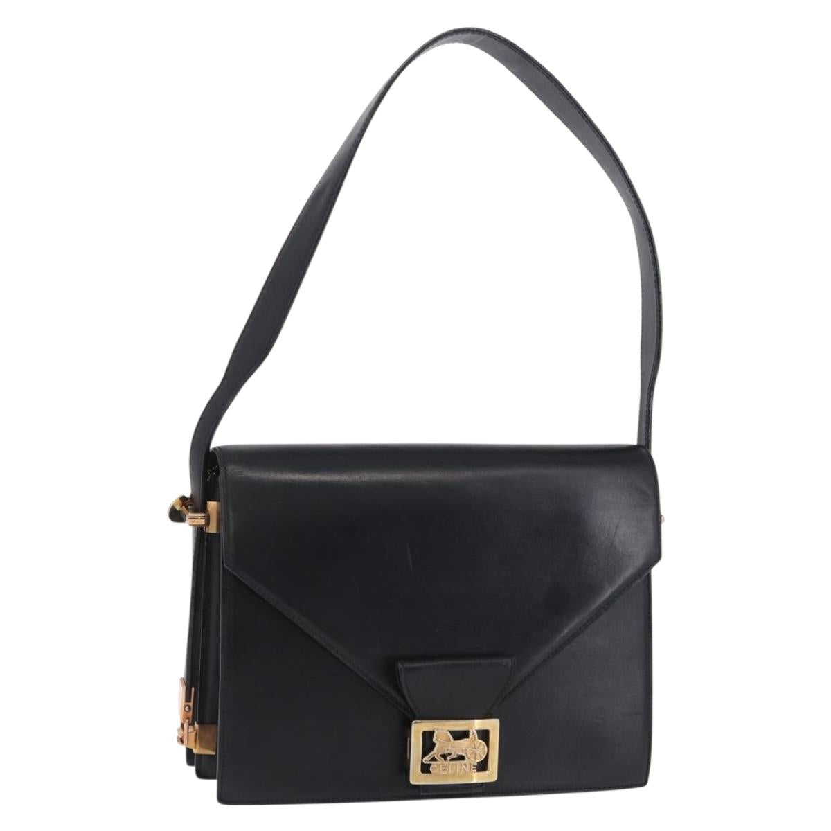 CELINE Horse Carriage Shoulder Bag Leather Black Gold Auth 204459
