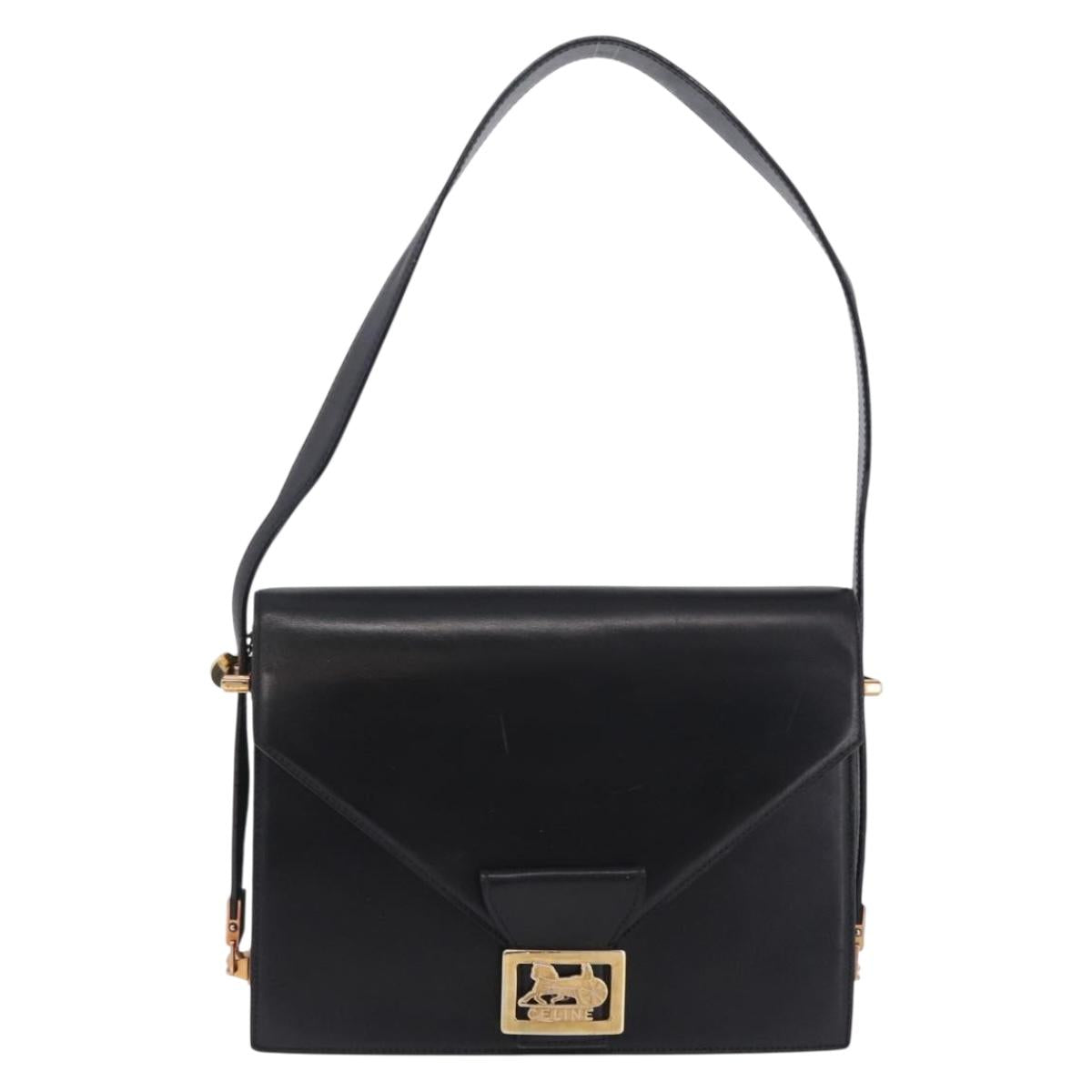 CELINE Horse Carriage Shoulder Bag Leather Black Gold Auth 204459