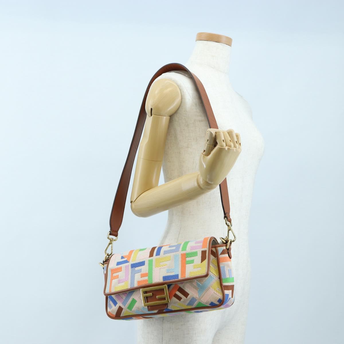 FENDI Zucca Canvas Mamma Baguette Shoulder Bag 2way Multicolor Gold Auth 204491V