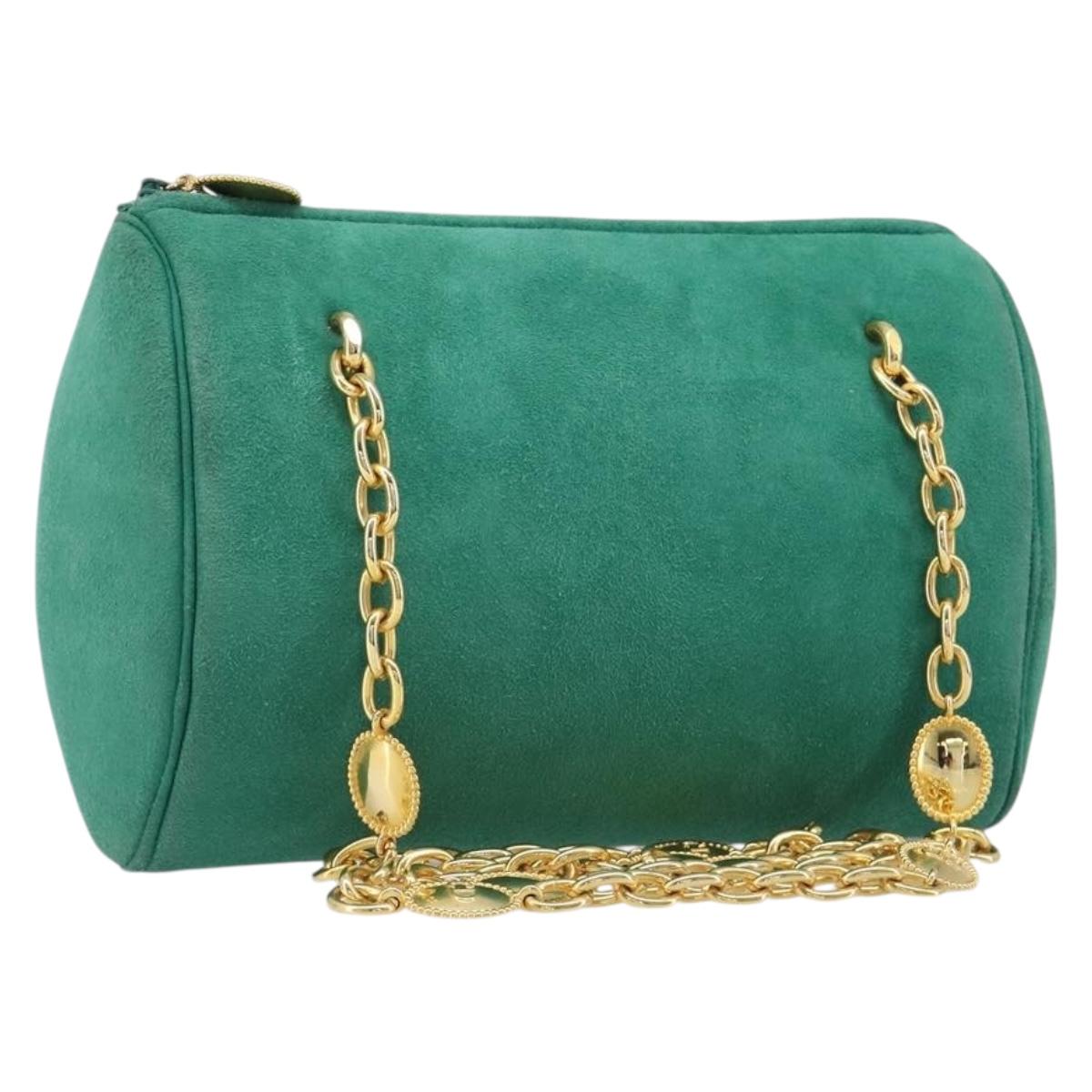 Christian Dior Chain Shoulder Bag Suede Green Gold Tone Auth 204573V