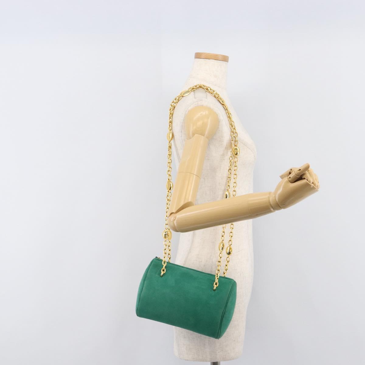 Christian Dior Chain Shoulder Bag Suede Green Gold Tone Auth 204573V