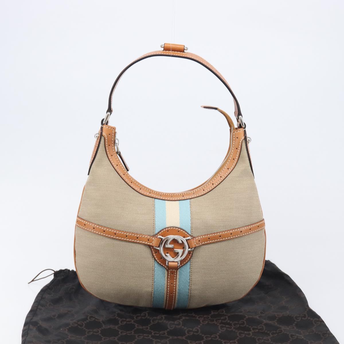 GUCCI Interlocking Shoulder Bag Canvas Beige Silver 114869 Auth 204577V