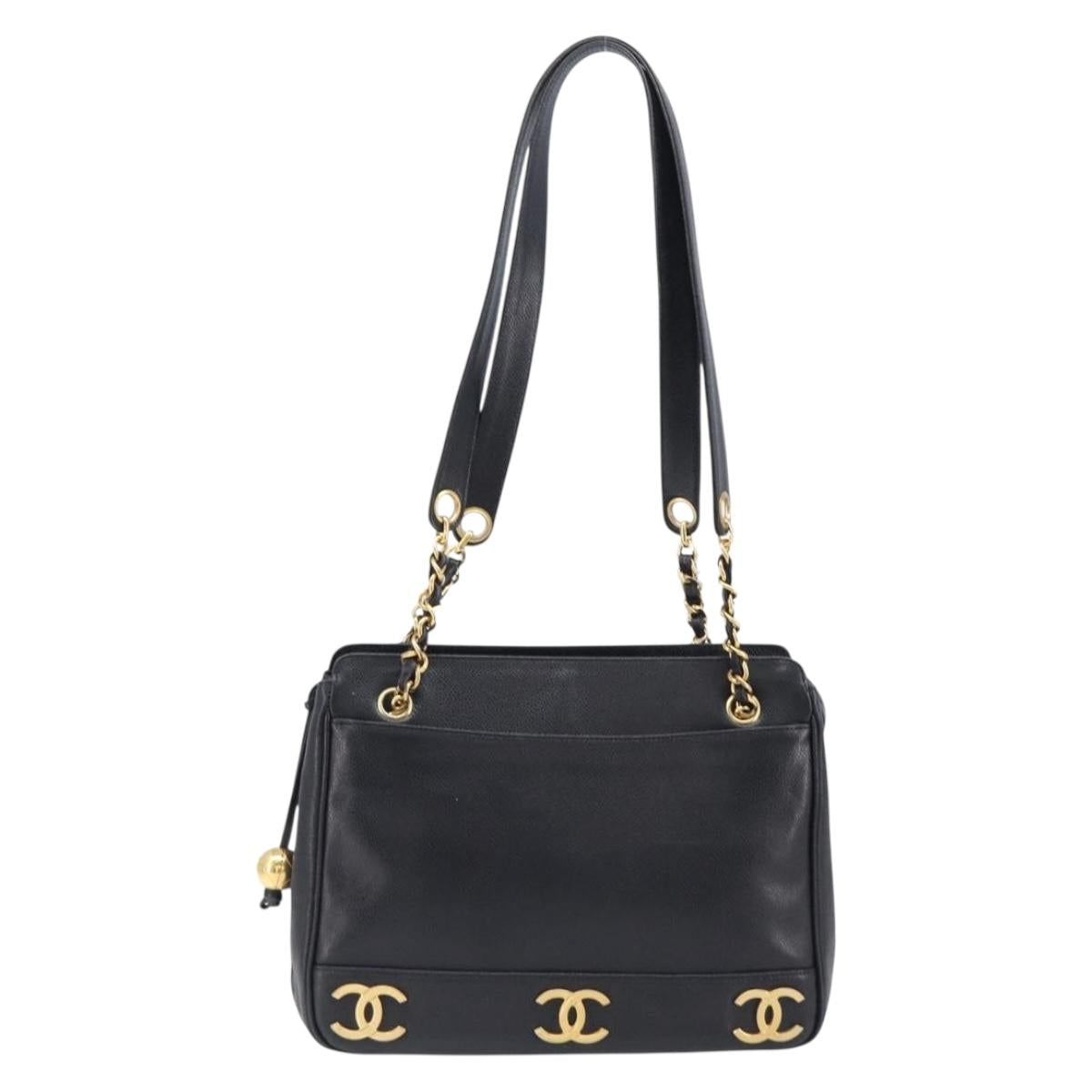 CHANEL Triple Coco Chain Shoulder Tote Bag Caviar Skin Black CC Auth 204578V