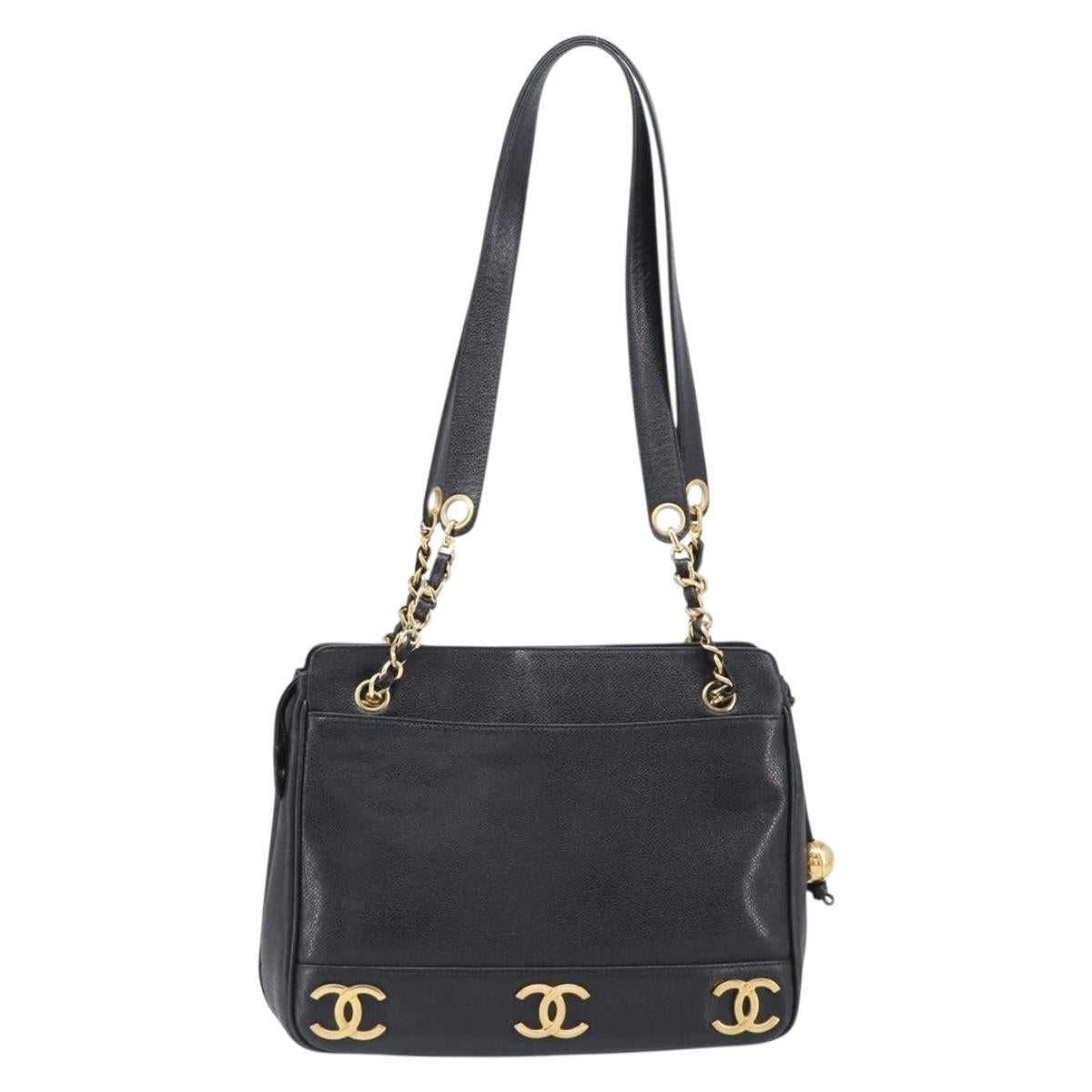 CHANEL Triple Coco Chain Shoulder Tote Bag Caviar Skin Black CC Auth 204578V