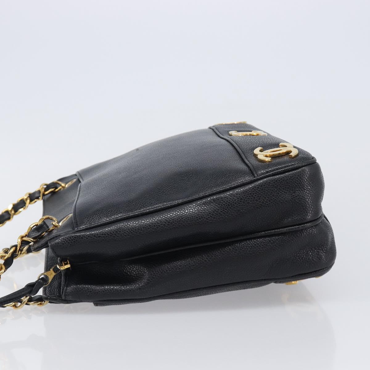 CHANEL Triple Coco Chain Shoulder Tote Bag Caviar Skin Black CC Auth 204578V