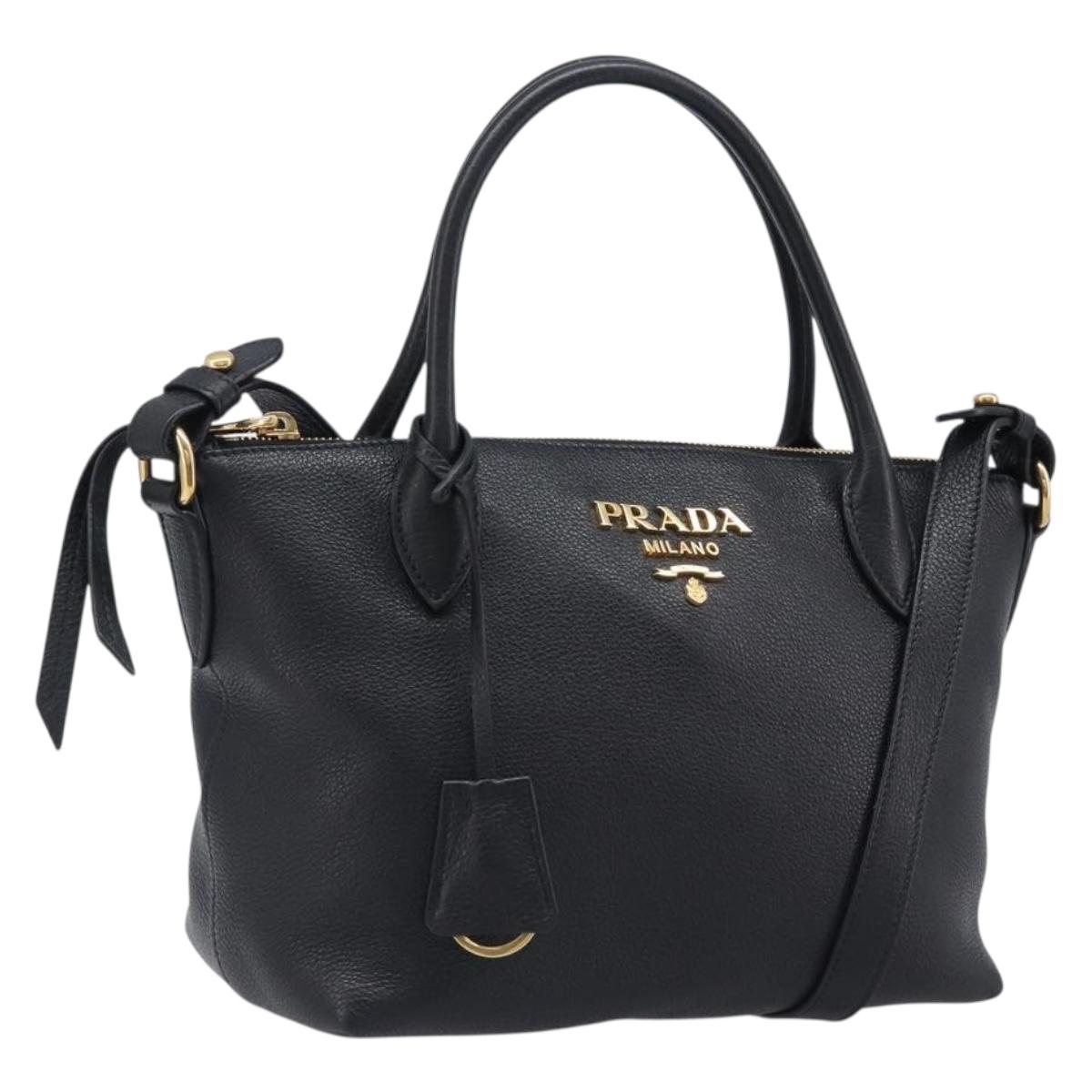 PRADA Hand Bag Leather 2way Black Gold Tone Auth 204580M