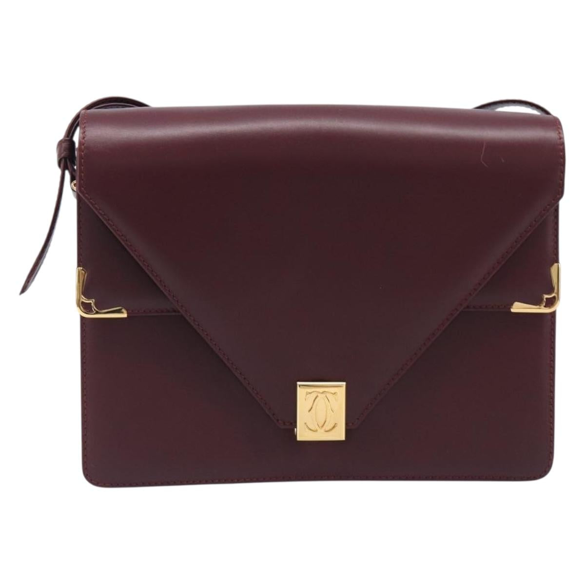CARTIER Must Line Shoulder Bag Leather Bordeaux Gold Tone Auth 204581V