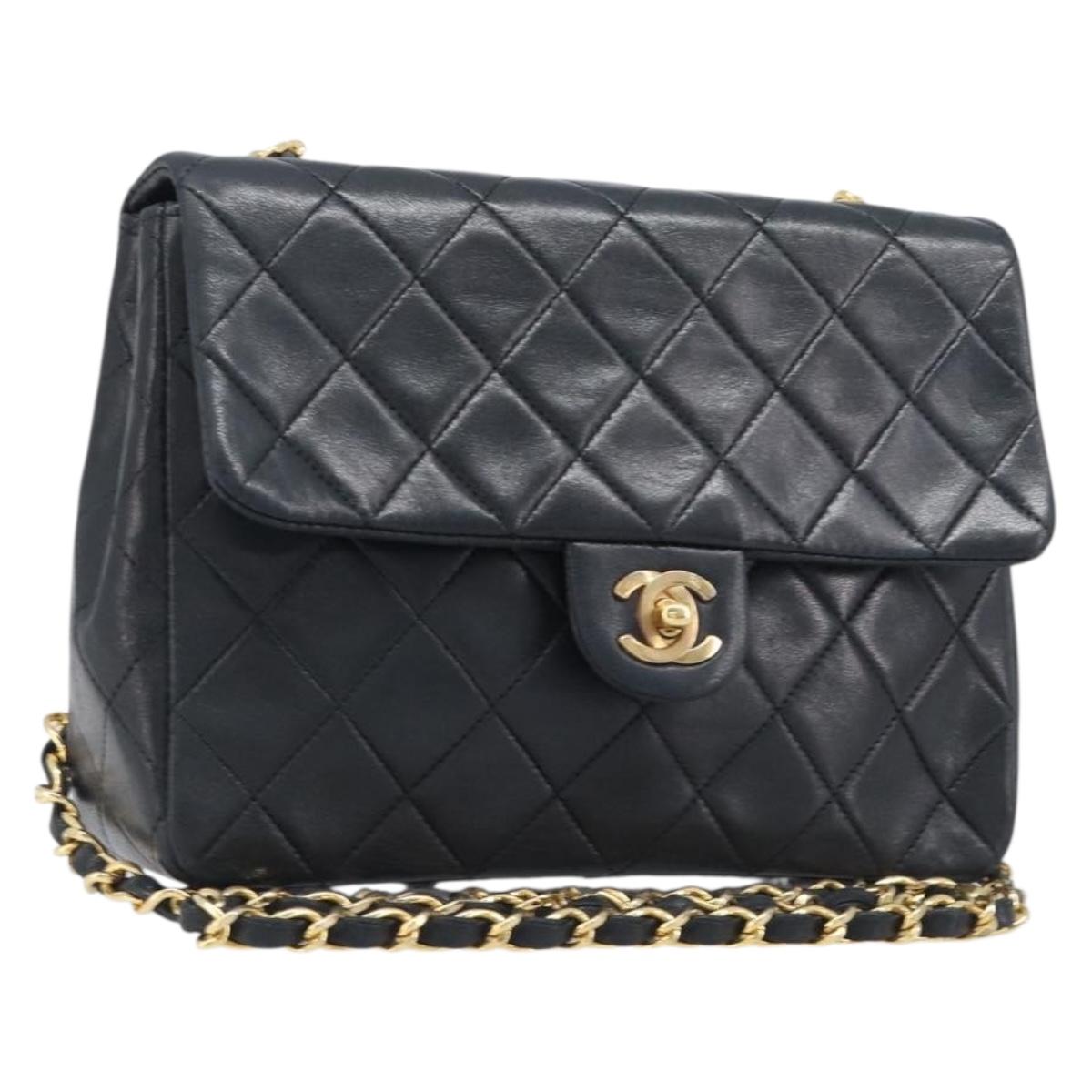 CHANEL Mini Matelasse 20 Chain Shoulder Bag Lamb Skin Black Gold CC Auth 204583V