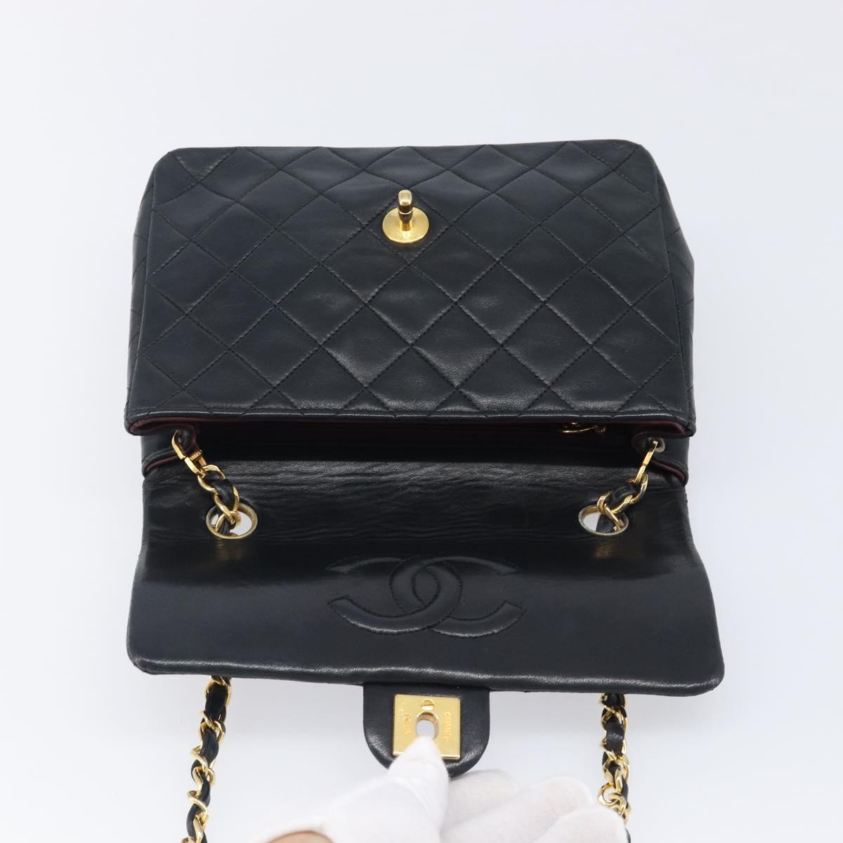 CHANEL Mini Matelasse 20 Chain Shoulder Bag Lamb Skin Black Gold CC Auth 204583V