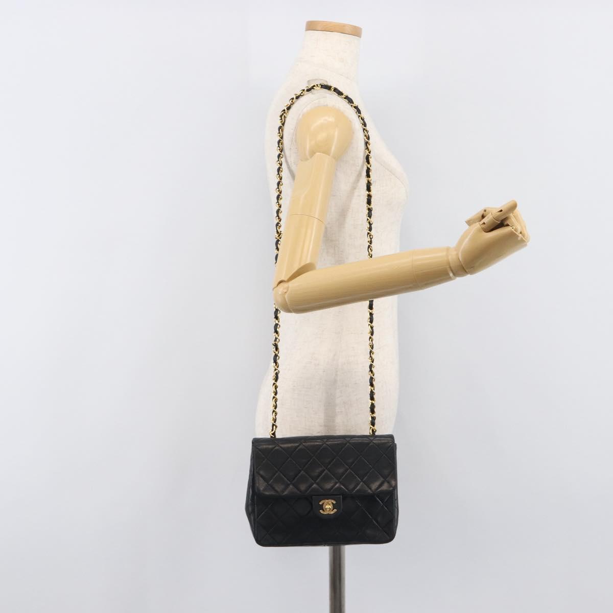 CHANEL Mini Matelasse 20 Chain Shoulder Bag Lamb Skin Black Gold CC Auth 204583V