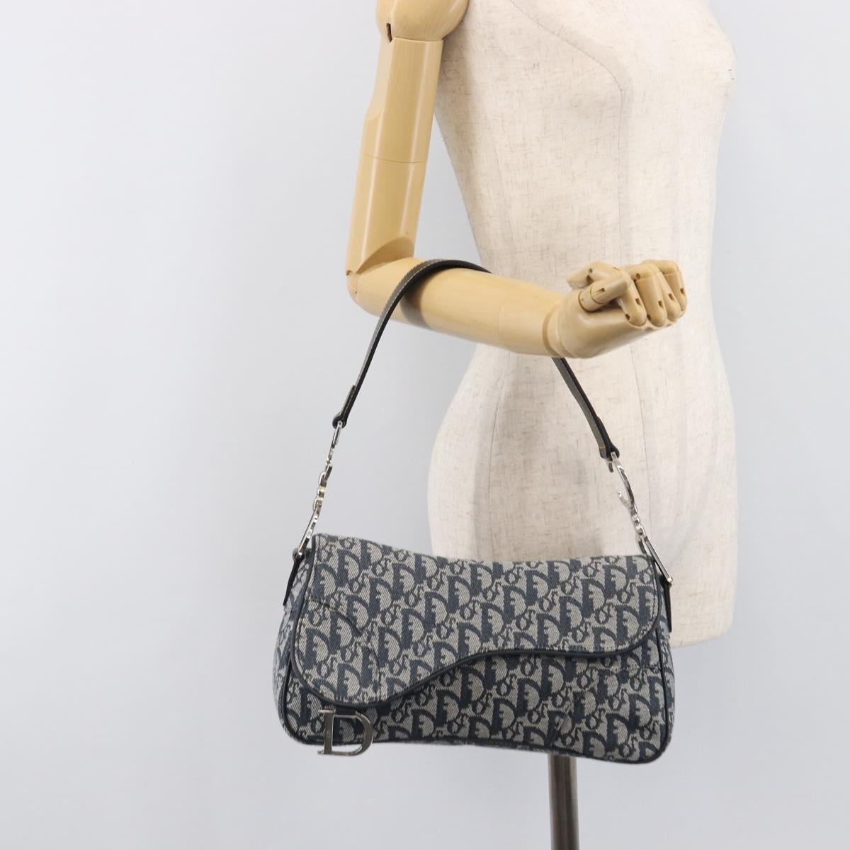 Christian Dior Trotter Canvas Saddle Shoulder Bag Navy Silver Auth 204592V